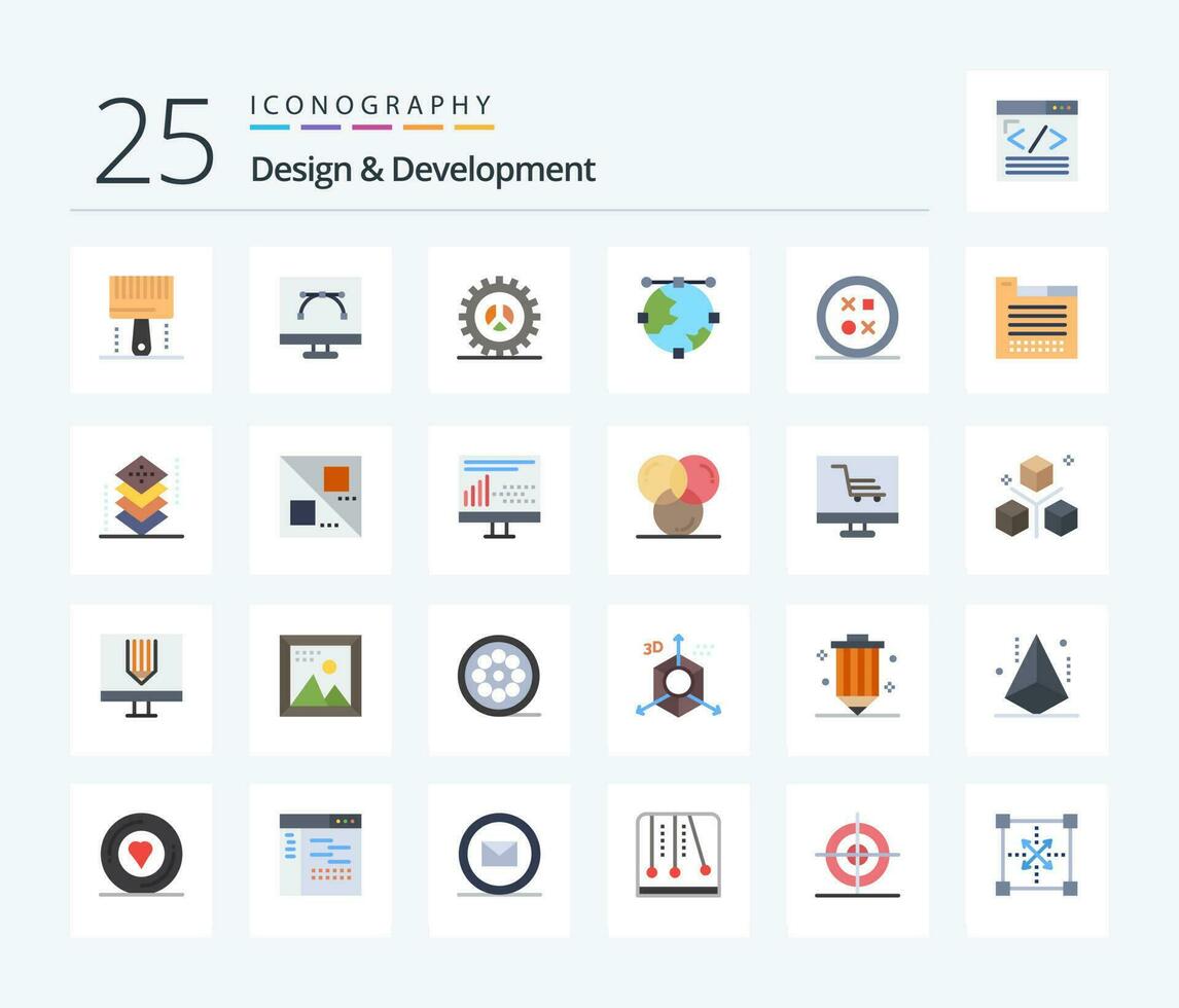 design utveckling 25 platt Färg ikon packa Inklusive utveckling. ankare. grafisk design. webb utveckling. inställningar vektor