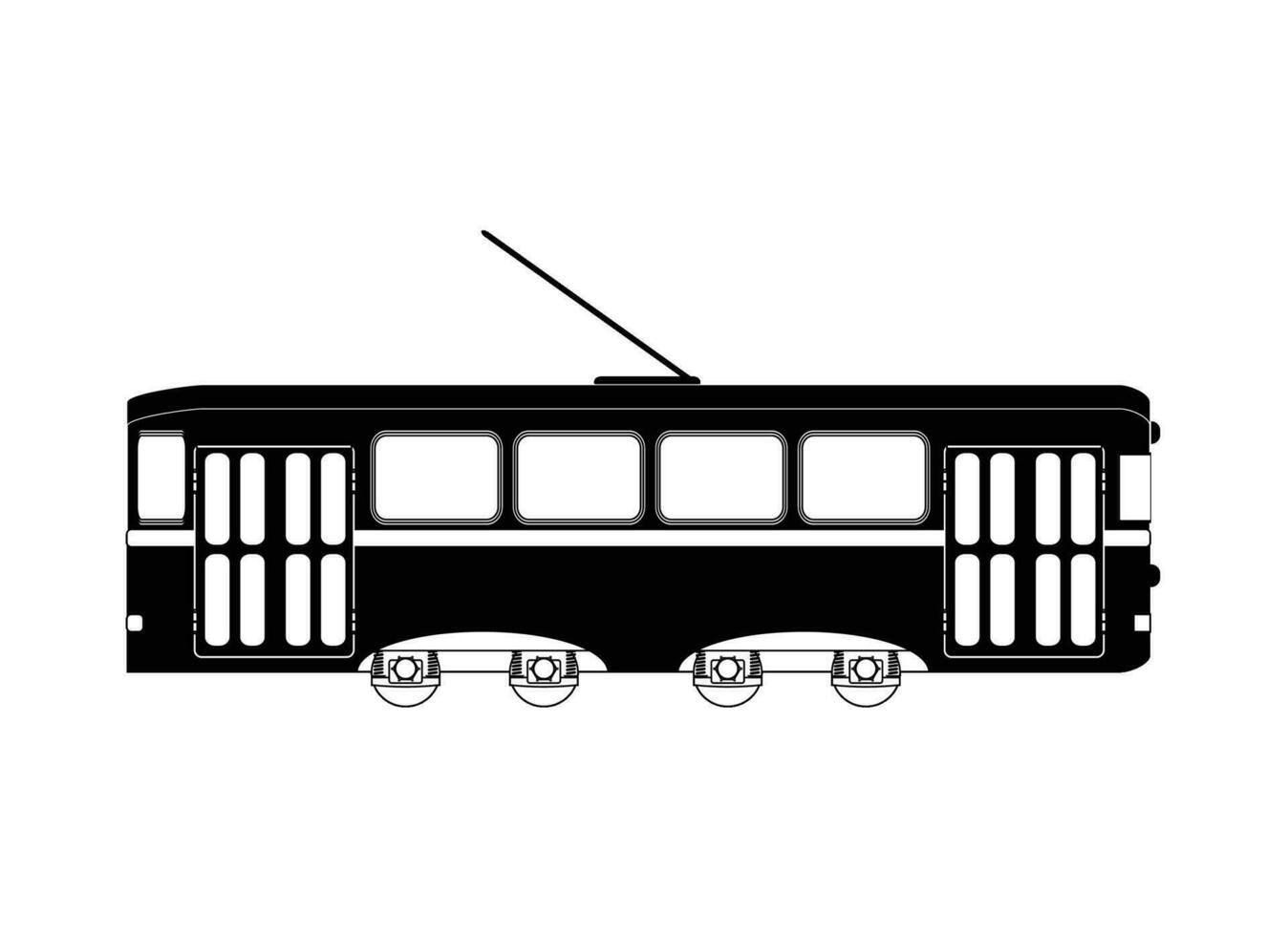 Zug oder Straßenbahn schwarz Weiß. Vektor Transport Passagier, Reise Eisenbahn, Zug Transport Illustration