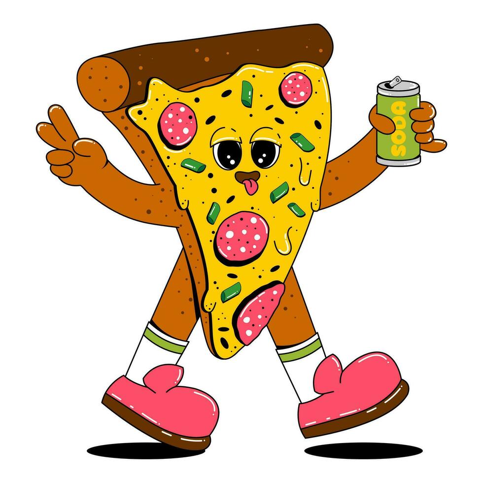 pizza karaktär i retro tecknad serie stil. en bit av pizza med en rolig uttryck på dess ansikte, vapen och ben. vektor illustration i platt stil.