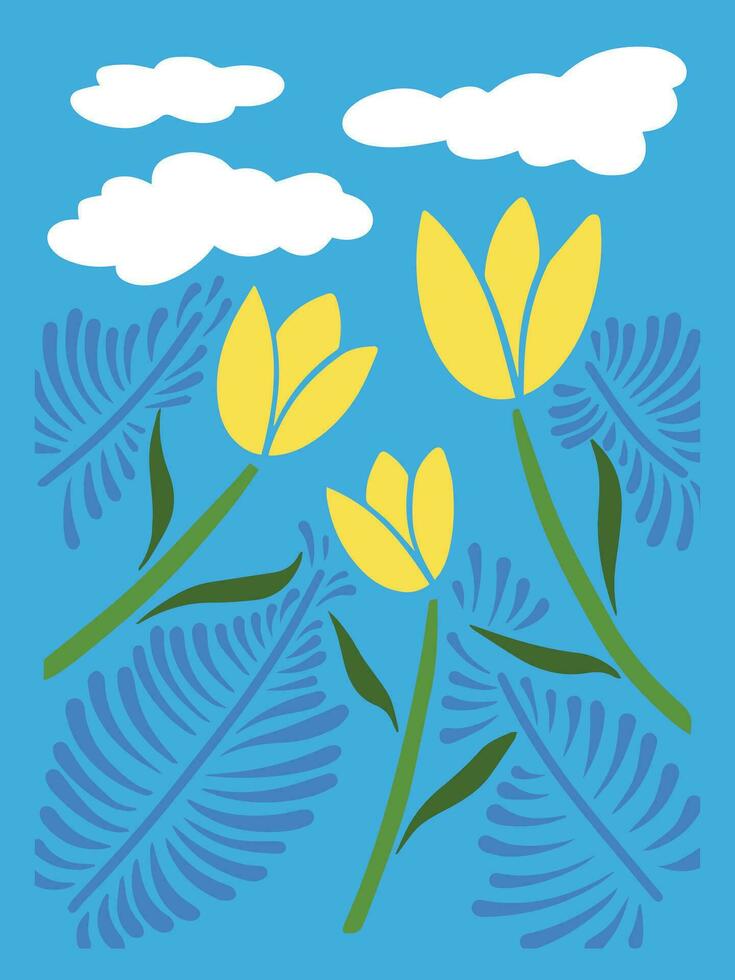 abstrakt Gelb Tulpe Blumen mit Blätter und Wolken. Vektor Illustration zum T-Shirt oder Poster Design isoliert. einfach eben Karikatur minimalistisch Kunst gestylt Zeichnung.