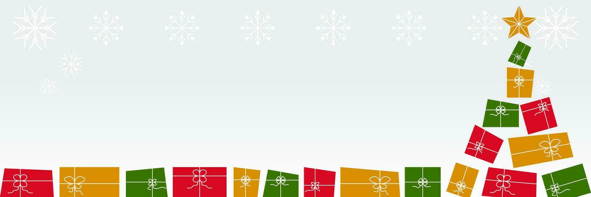 Weiß Banner mit ein Stapel von Geschenke im das gestalten von ein Weihnachten Baum. das Design hat ein Kopieren Raum Bereich vektor