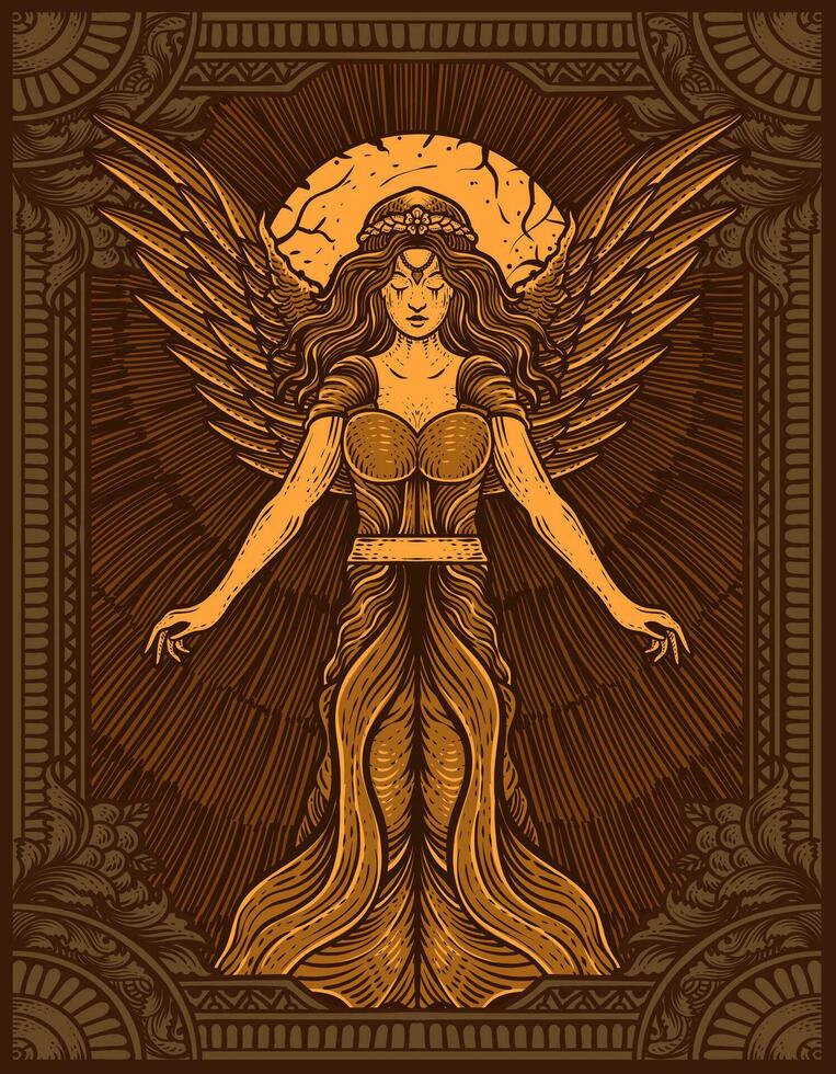 illustration hand ritade. årgång kvinna ängel med gravyr prydnad ram vektor