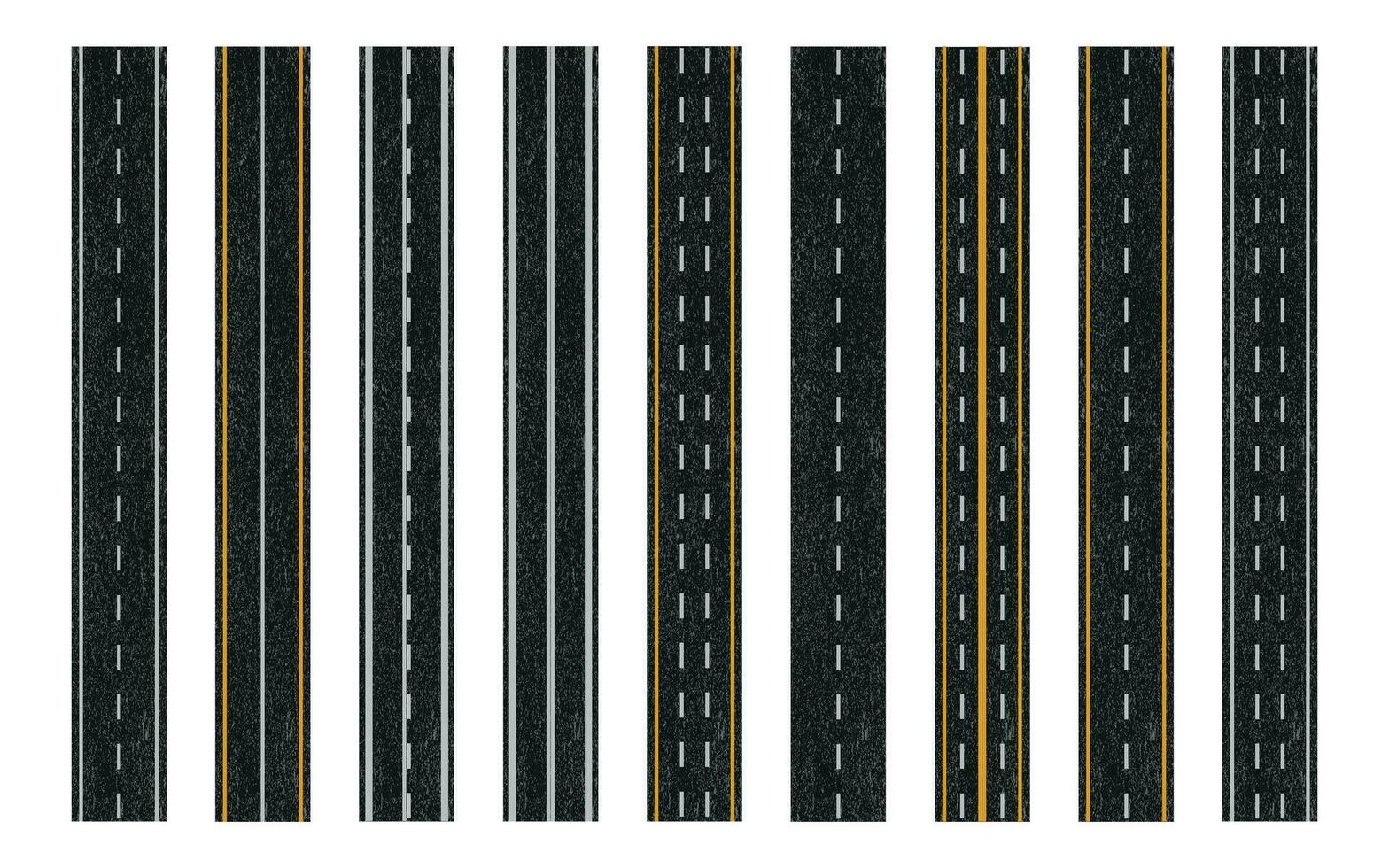 Asphalt Straße Textur mit Straße Markierung, gepflastert Straße mit Teilen Streifen Vektor Illustration.