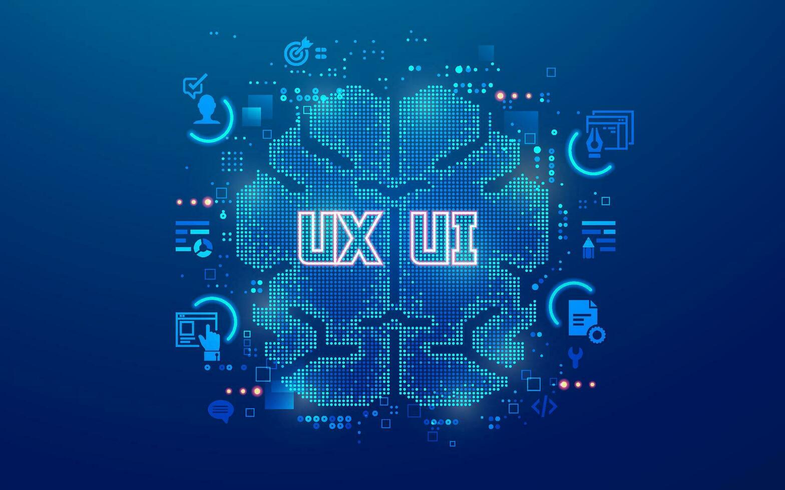 Konzept von ux ui Entwicklung, Grafik von futurisitc Gehirn Seite Trennung Benutzer Erfahrung Design und Benutzer Schnittstelle Design vektor