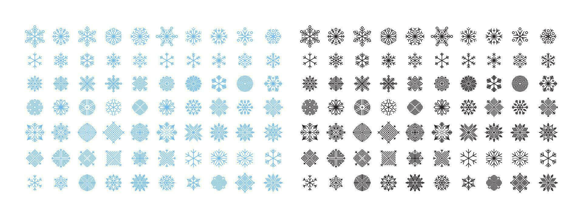 Schneeflocken groß Satz. Blau und schwarz Schneeflocken Symbole. Schneeflocken anders Symbole. Vektor skalierbar Grafik