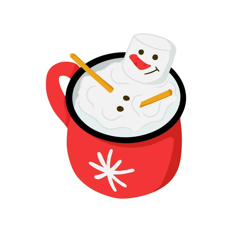 jul varm choklad mag med marshmallow snögubbe. vinter- Semester traditionell varm dryck med barnslig dekoration. vektor hand dragen platt illustration i röd Färg