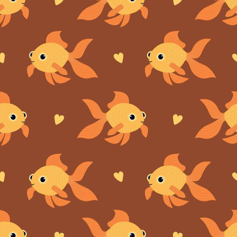 nahtlos Muster mit süß Gold Fisch und Herzen isoliert auf braun Hintergrund. Vektor eben Illustration