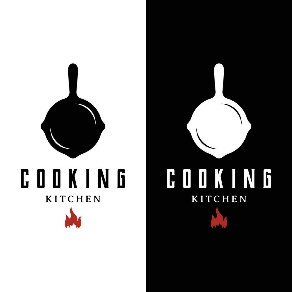 Logo Vorlage zum ein rustikal retro Jahrgang Kochen Topf oder braten Pfanne. Logo zum ein Restaurant. vektor