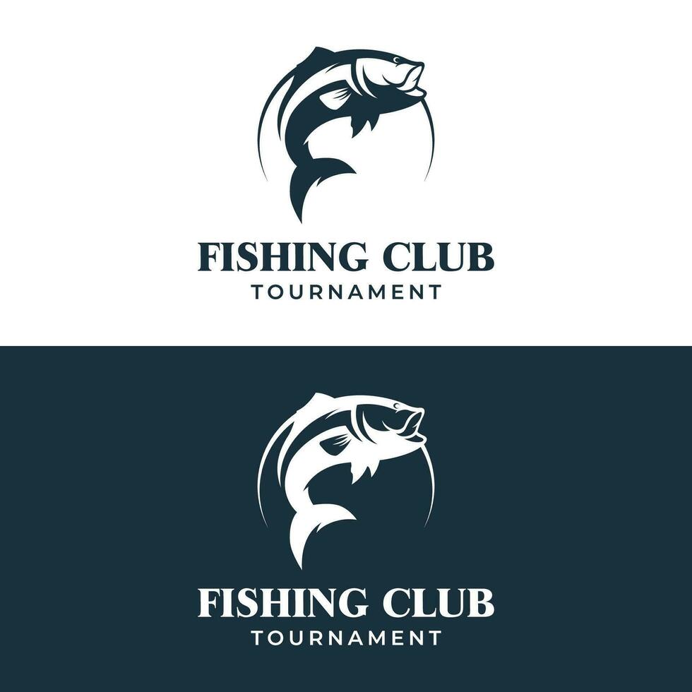 fiske klubb logotyp design med kreativ fiskare och Hoppar fisk. vektor