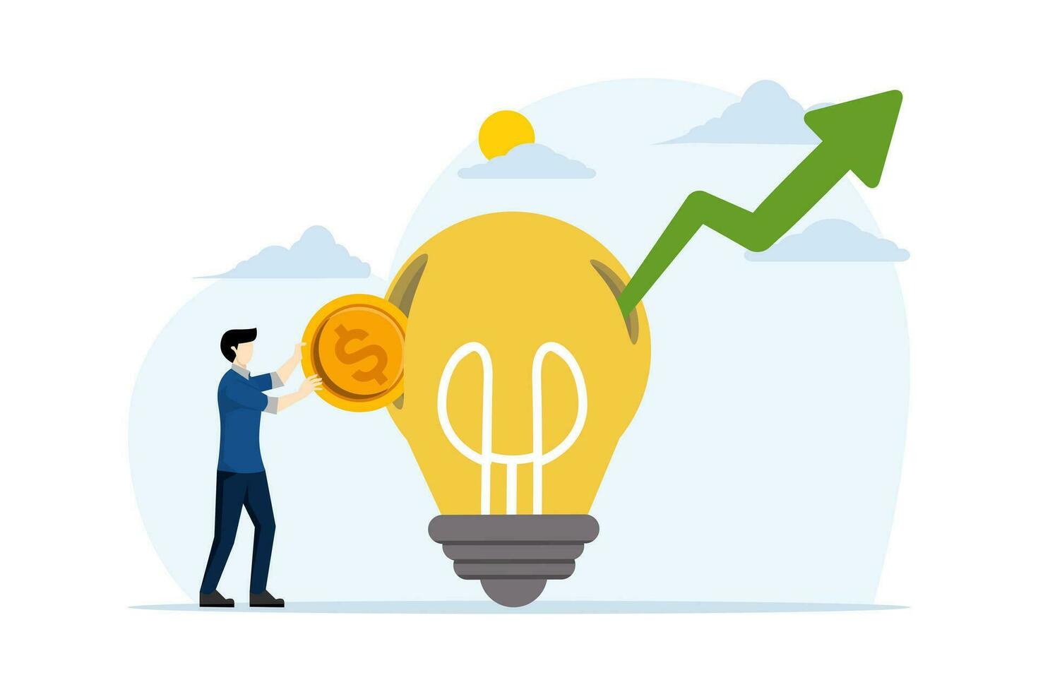 begrepp av investera i kunskap för Mer Framgång, betalande för ytterligare inlärning och förbättra Kompetens, affärsman införing mynt in i en ljus Glödlampa medan skjuta i höjden de Graf. vektor