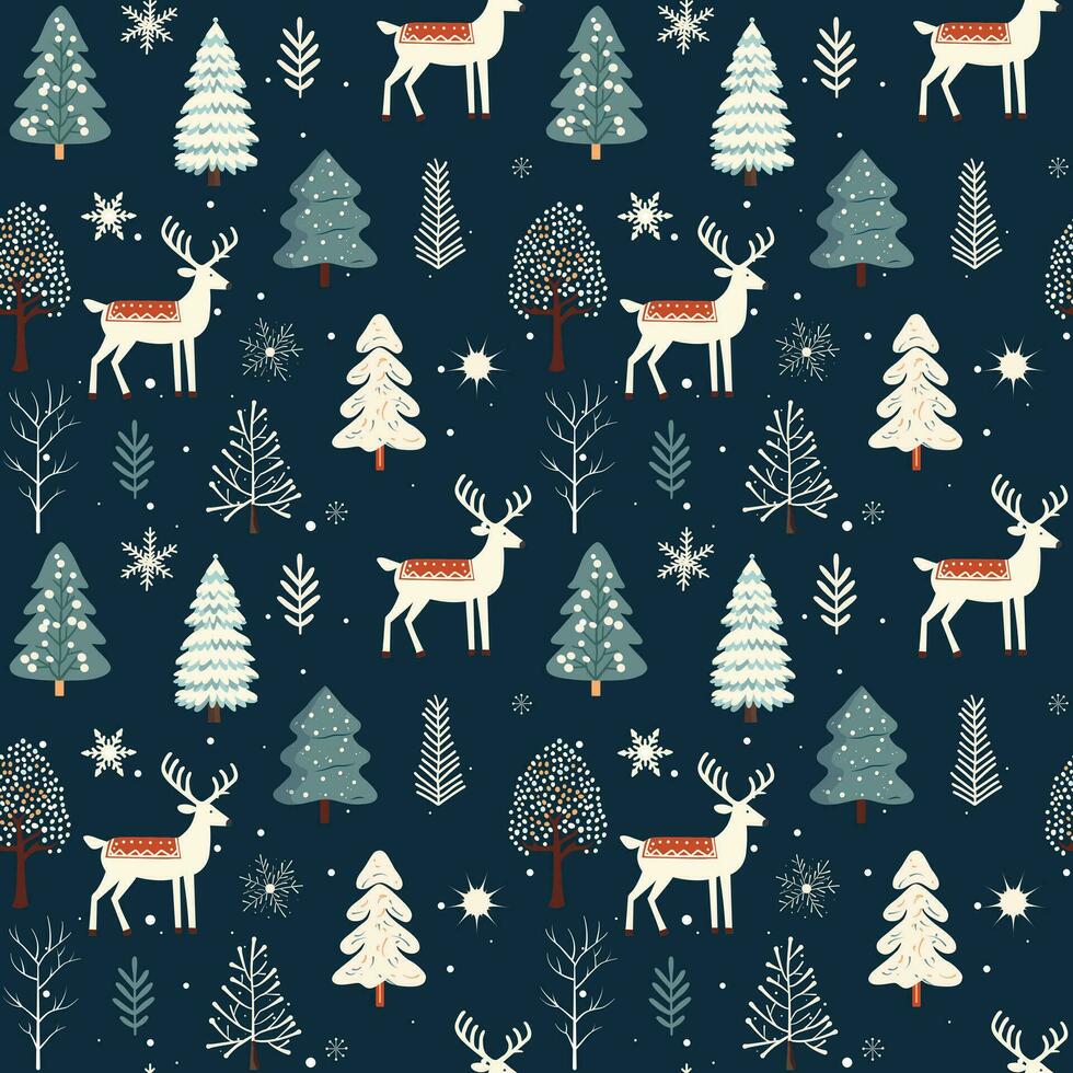 Winter nahtlos Muster mit Hirsch und schneebedeckt Bäume. Weihnachten Vektor Muster. Winter Hintergrund.