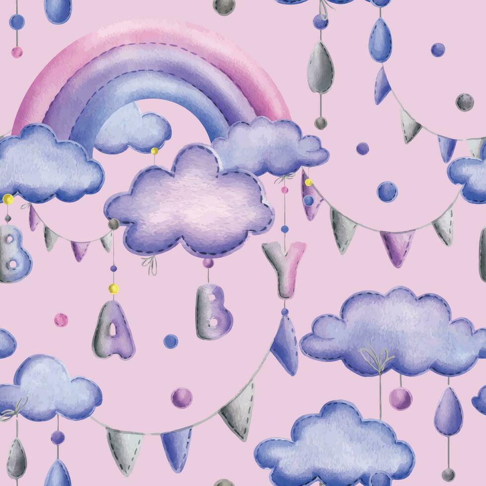 ein genäht Regenbogen mit Wolken und Briefe Baby, Girlande Flaggen, Punkte hängend von Seile im Blau, lila und Rosa. süß Hand gezeichnet Aquarell Illustration. nahtlos Muster auf ein Rosa Hintergrund vektor