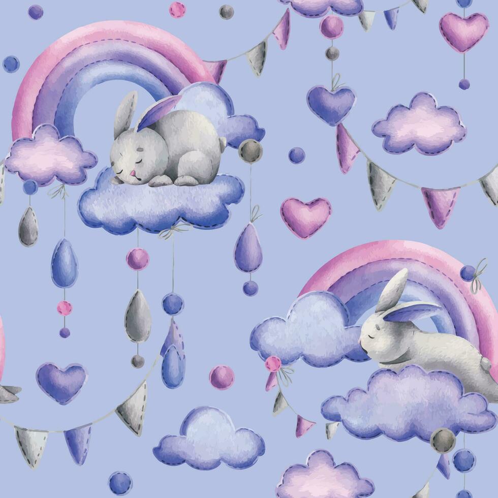 süß Hase, genäht von Stoff mit Faden Stiche, Schlafen auf ein Regenbogen mit Wolken und hängend Regentropfen. Aquarell Illustration Hand gezeichnet. nahtlos Muster auf ein Blau Hintergrund. vektor