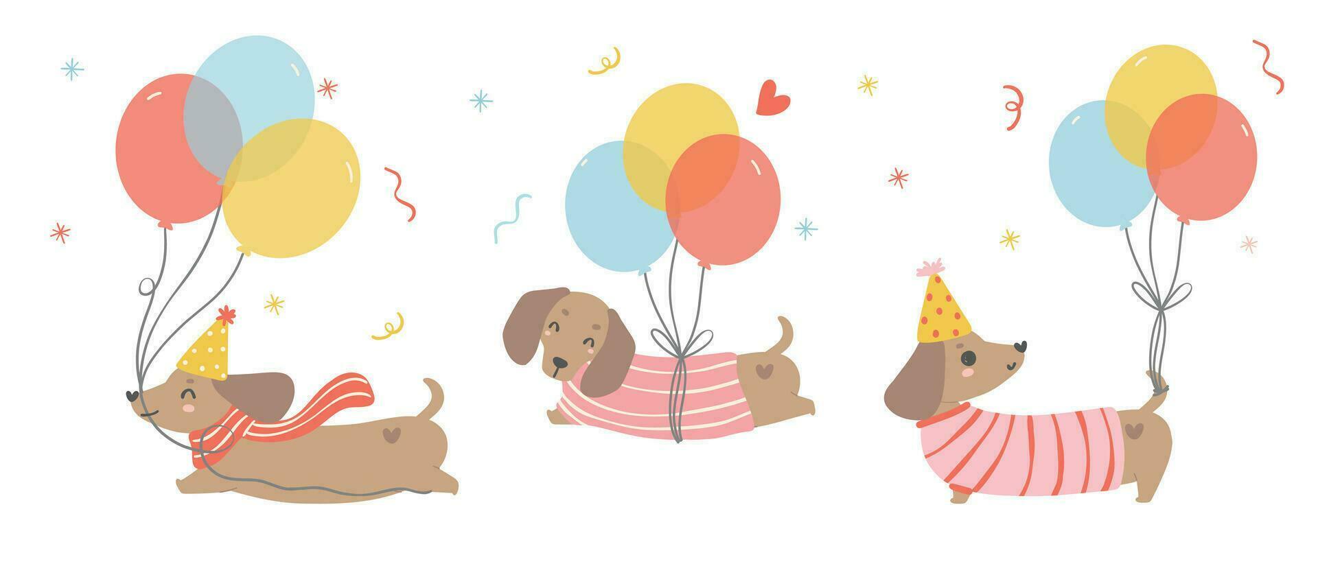 söt födelsedag kort baner med tax korv hundar. söt hälsning kort tecknad serie hand teckning platt design grafisk illustration. vektor