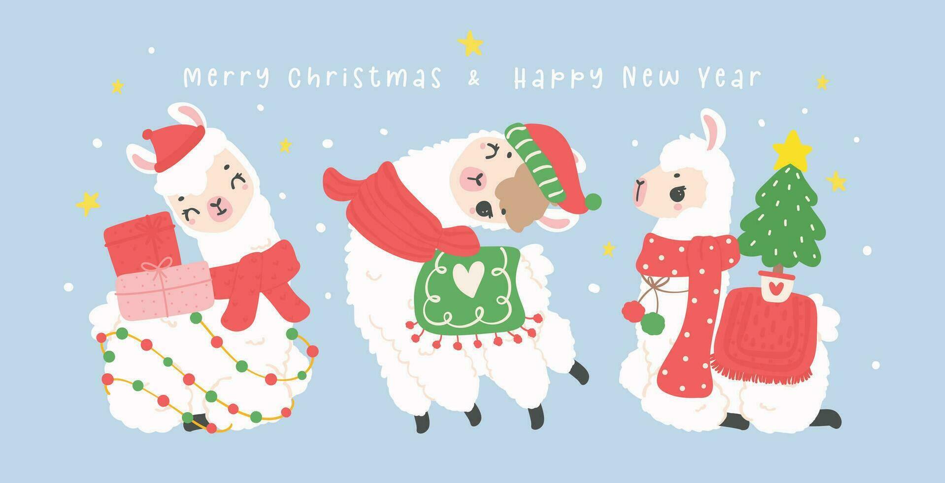 söt jul lamadjur hälsning kort baner i vinter- tema, söt Lycklig ny år tecknad serie djur- hand teckning illustration vektor