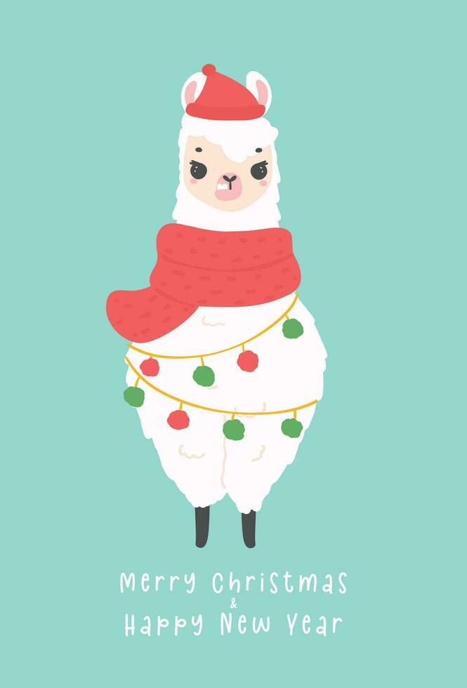söt jul lama med hatt hälsning kort i vinter- tema, söt Lycklig ny år tecknad serie djur- hand teckning illustration vektor