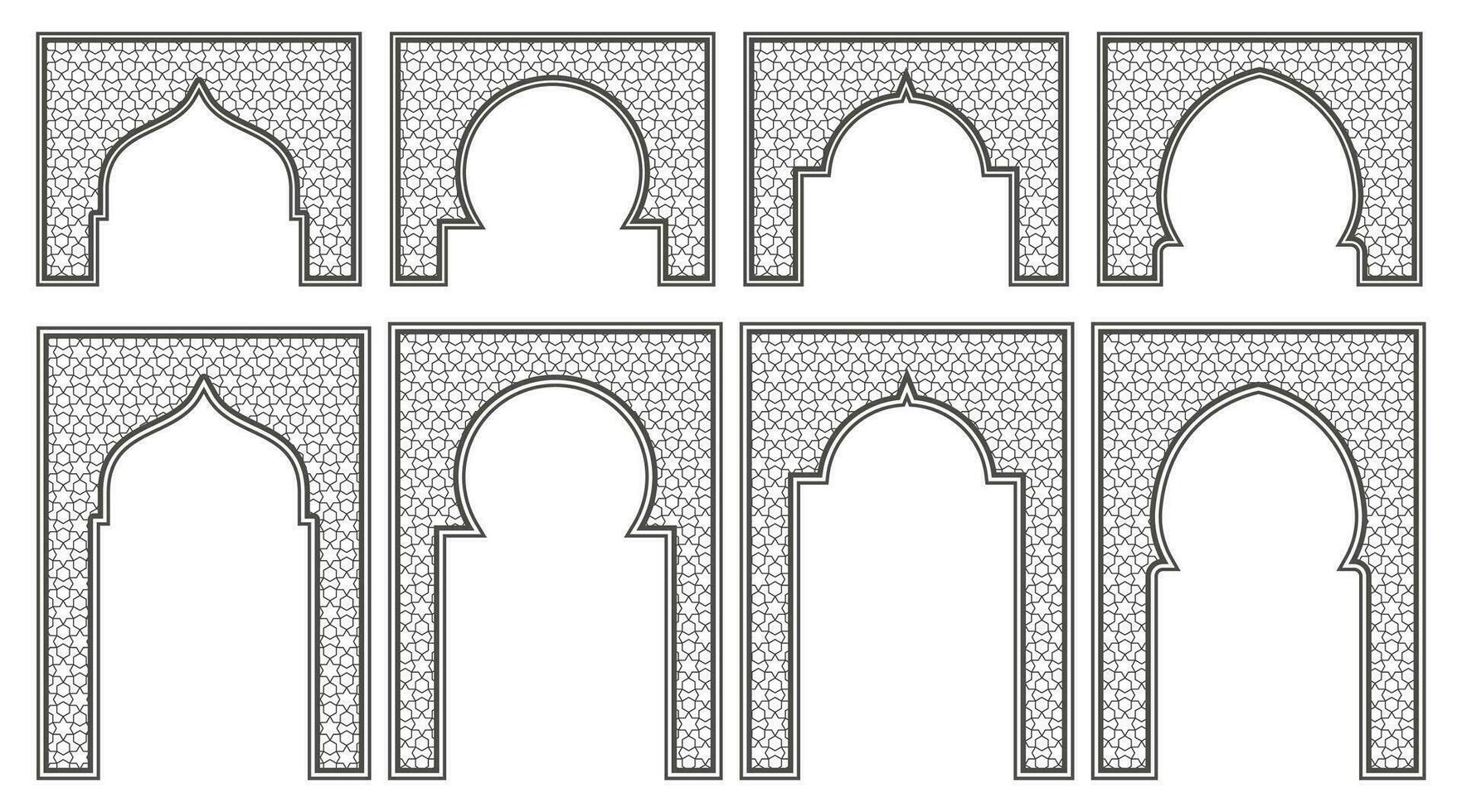 islamisch Rahmen mit Bogen und Ornament. Ramadan Tor auf geometrisch Hintergrund zum Hochzeit Einladung Design. Vektor orientalisch Dekorationen Satz.