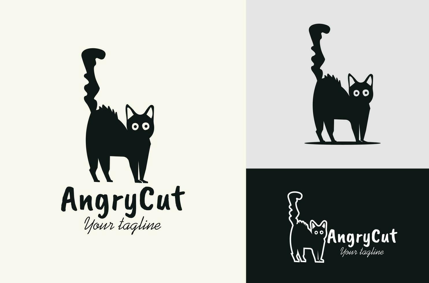 erschrocken schwarz Katze Silhouette Illustration Design mit Stehen Schwanz Gefieder Vektor auf schwarz Weiß Hintergrund