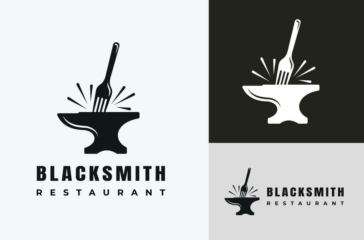 Schmied Logo Vektor Silhouette mit Gabel Symbol Symbol schwarz Hintergrund. Restaurant Design