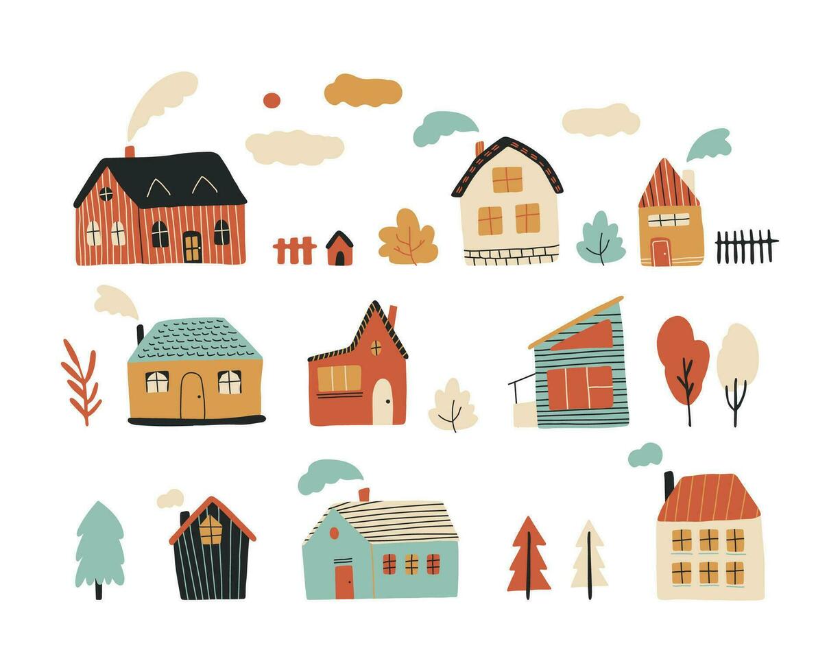 Vektor eben Illustration einstellen mit Hand gezeichnet Dorf mit süß Häuser und Bäume. bunt gemütlich Gebäude mit Rauch von das Schornstein. modern Design Elemente.
