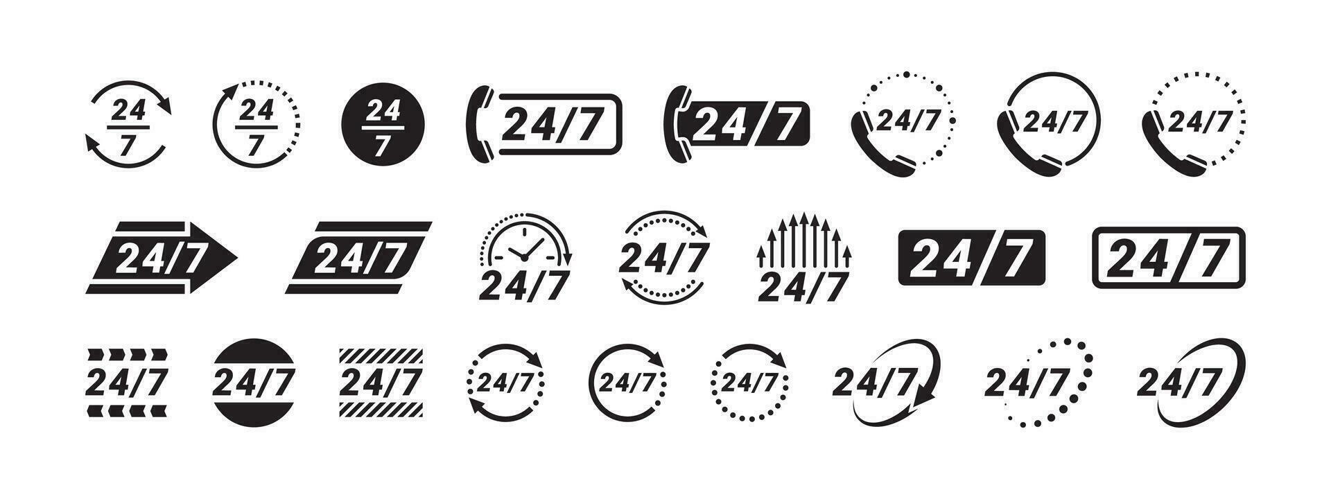 24 Stunde Bedienung Symbole Satz. 24 Std 7 Tage im Woche Unterstützung Symbole. Vektor skalierbar Grafik