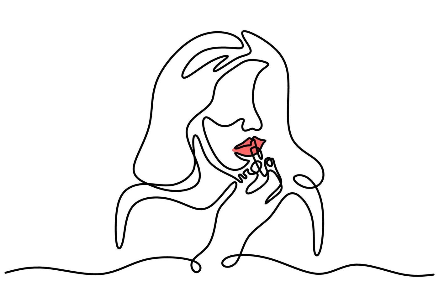 kontinuerlig enkelradsteckning av långhårig kvinna med rött läppstift på läpparna. kvinna smink tema en rad isolerad på vit bakgrund. vektor