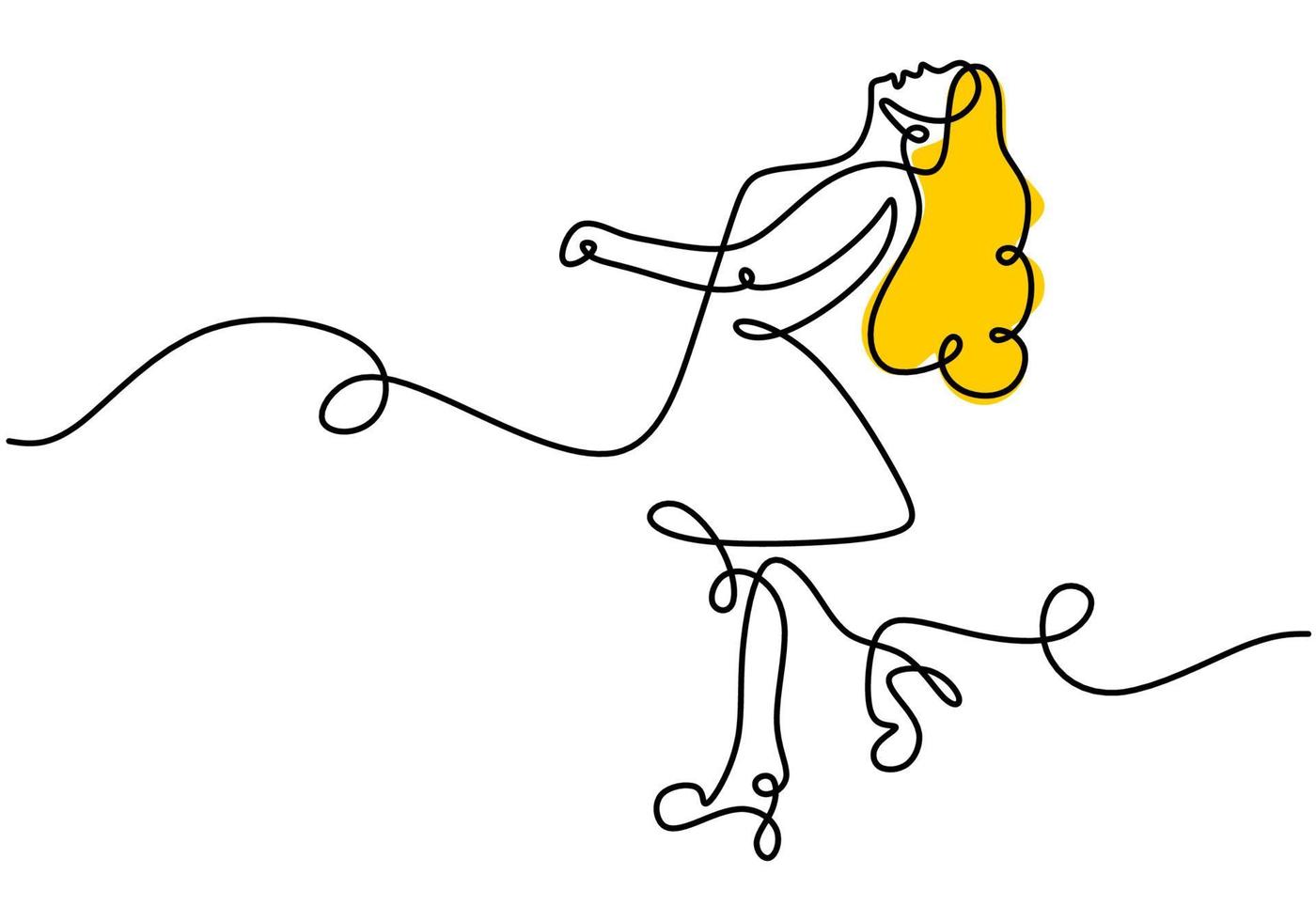 Kontinuierliche einzeilige Zeichnung einer Frau mit langen gelben Haaren, die auf der Straße läuft. Frau machen Thema eine Zeile isoliert auf weißem Hintergrund. vektor