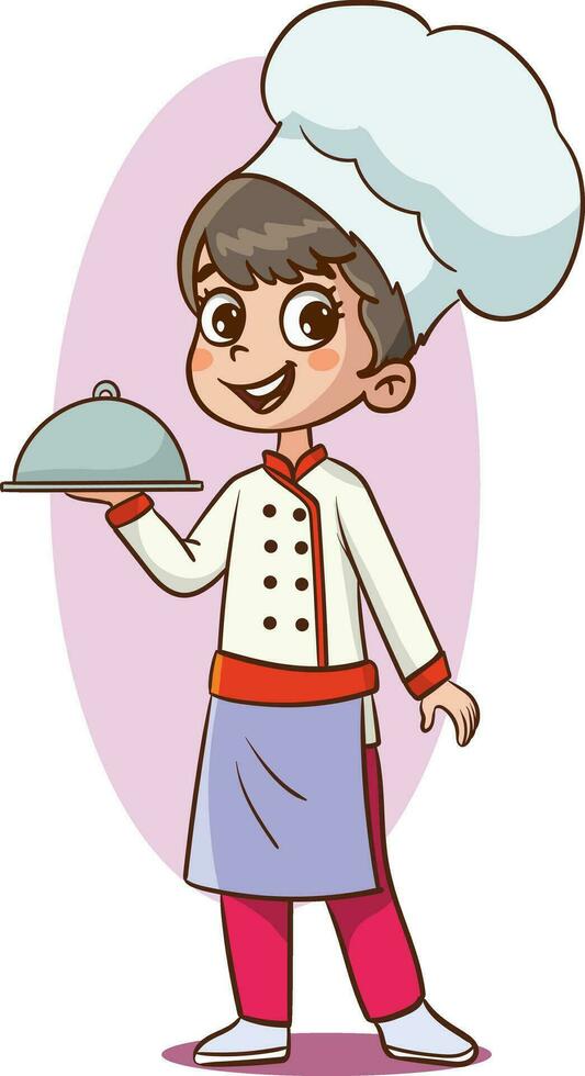 Vektor Illustration von ein wenig Mädchen tragen ein Koch Uniform halten ein Teller