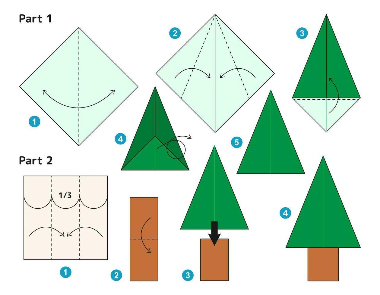 Tanne Origami planen Lernprogramm ziehen um Modell. Origami zum Kinder. Schritt durch Schritt Wie zu machen ein süß Origami Tannenbaum. Vektor Illustration.