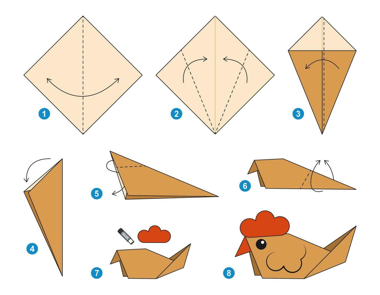 Henne Origami planen Lernprogramm ziehen um Modell. Origami zum Kinder. Schritt durch Schritt Wie zu machen ein süß Origami Vogel. Vektor Illustration.