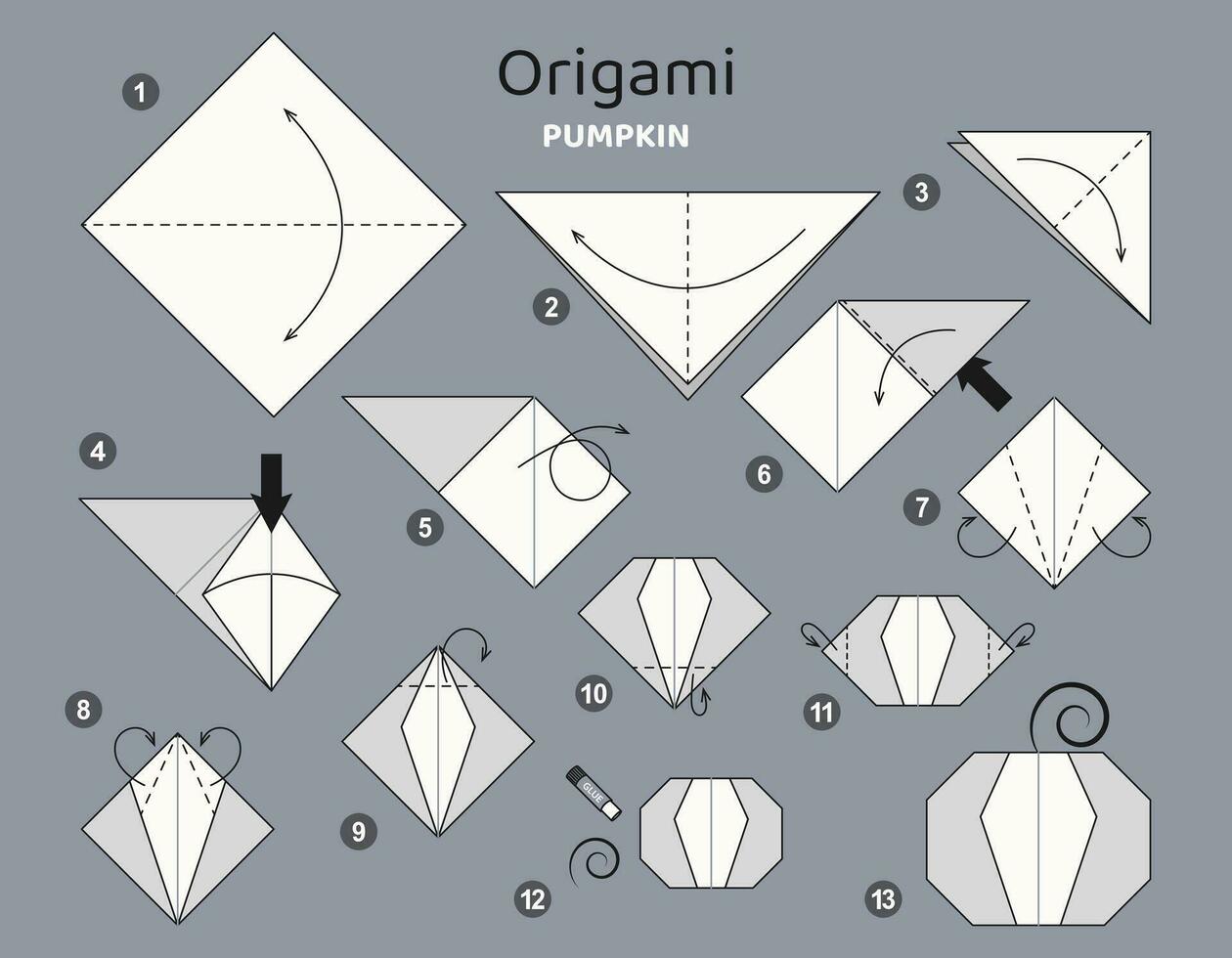 pumpa origami schema handledning rör på sig modell. origami för ungar. steg förbi steg på vilket sätt till göra en söt origami grönsak. vektor illustration.