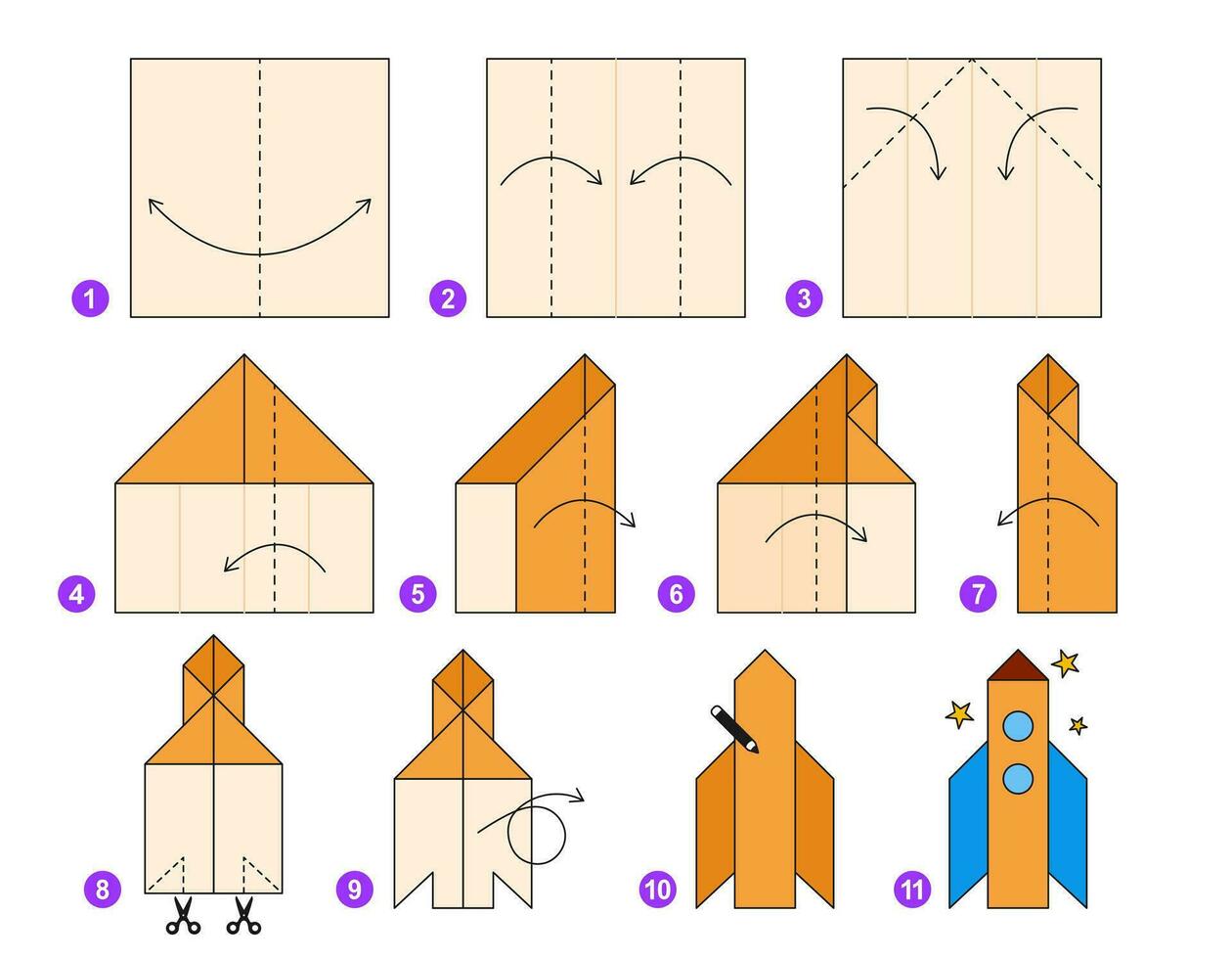 Rakete Origami planen Lernprogramm ziehen um Modell. Origami zum Kinder. Schritt durch Schritt Wie zu machen Origami Transport. Vektor Illustration.