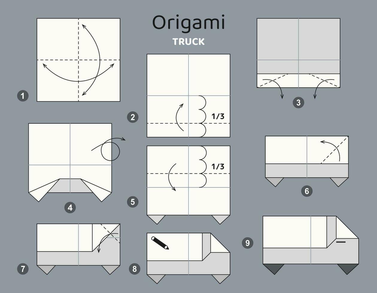 LKW Origami planen Lernprogramm ziehen um Modell. Origami zum Kinder. Schritt durch Schritt Wie zu machen ein süß Origami Transport. Vektor Illustration.