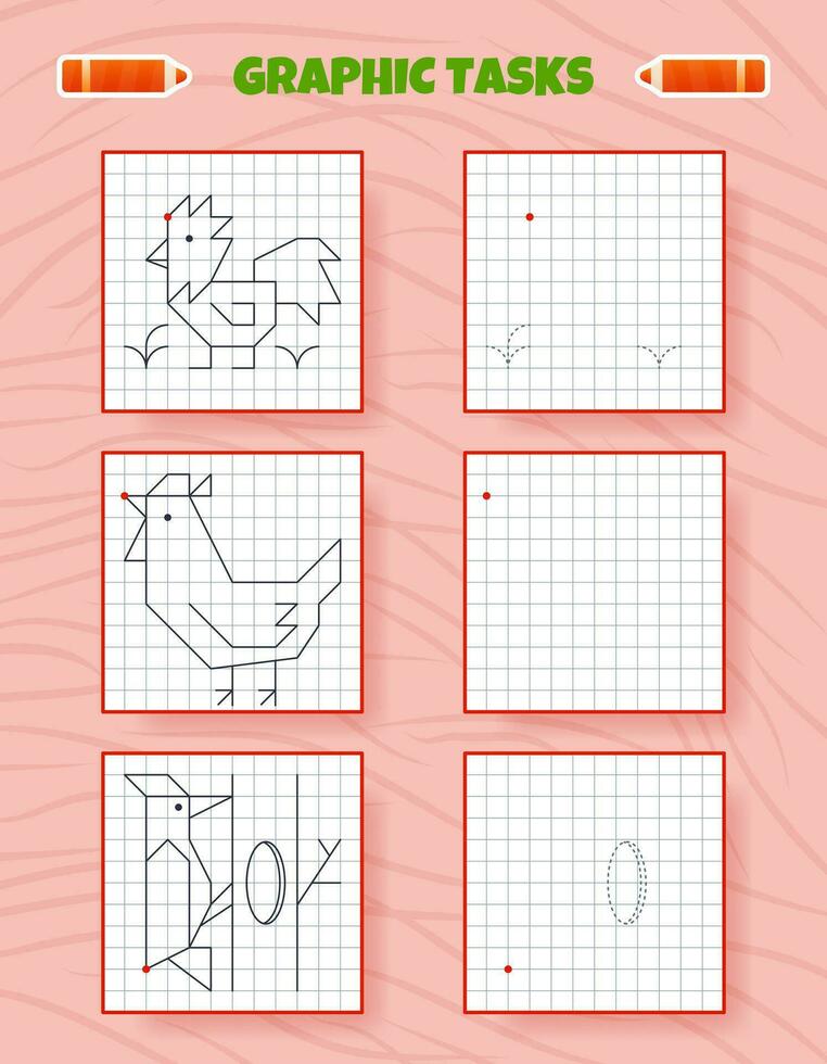 teckning förbi celler. pedagogisk spel för förskola barn. kalkylblad för praktiserande logik och motor Kompetens. spel för ungar. grafisk uppgifter med fåglar. vektor illustration