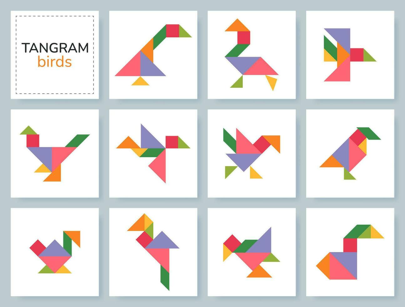 tangram pussel spel för ungar. färgrik geometrisk samling med isolerat fåglar. tangram olika ikoner på vit bakgrund. vektor illustration