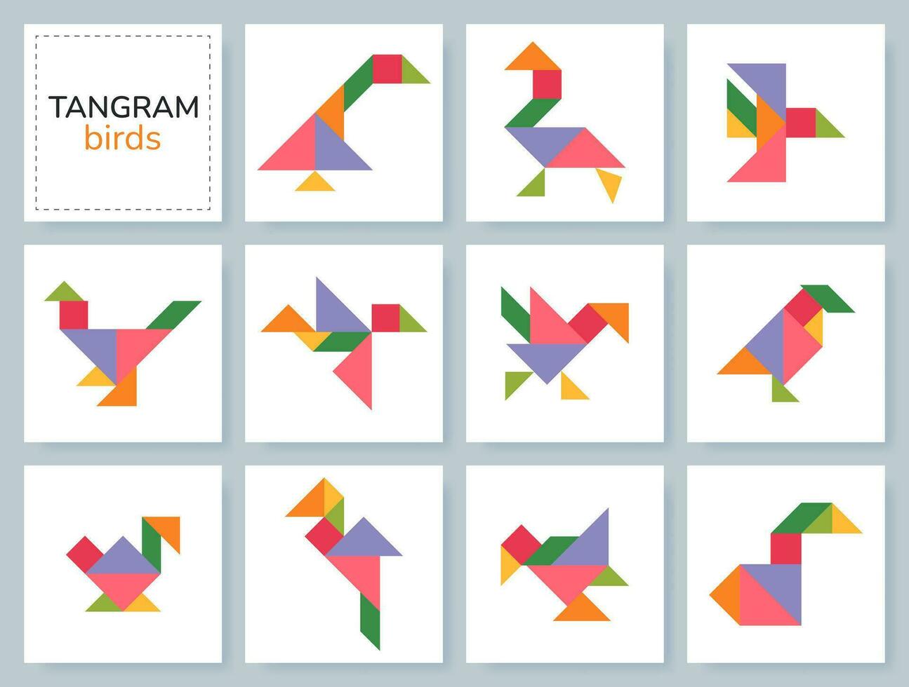 Tangram Puzzle Spiel zum Kinder. bunt geometrisch Sammlung mit isoliert Vögel. Tangram verschiedene Symbole auf Weiß Hintergrund. Vektor Illustration