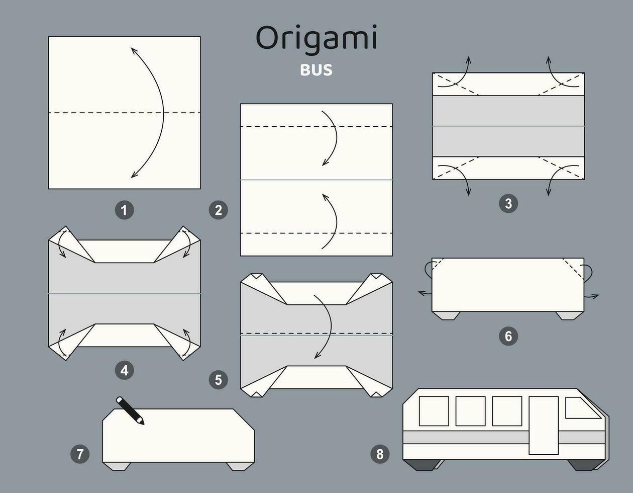 Schule Bus Origami planen Lernprogramm ziehen um Modell. Origami zum Kinder. Schritt durch Schritt Wie zu machen ein süß Origami Transport. Vektor Illustration.