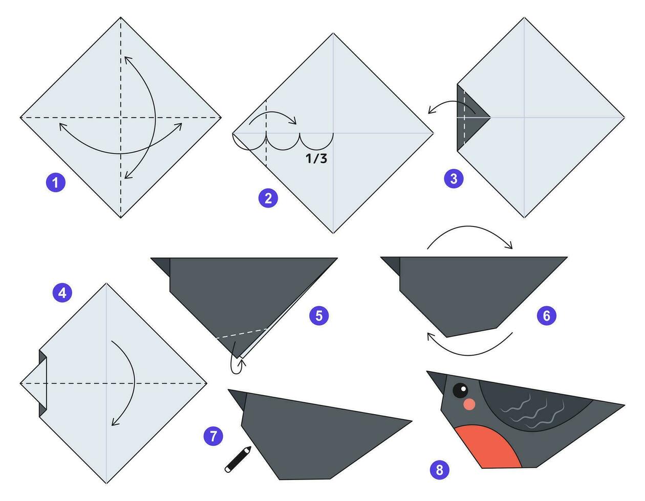 Gimpel Origami planen Lernprogramm ziehen um Modell. Origami zum Kinder. Schritt durch Schritt Wie zu machen ein süß Origami Vogel. Vektor Illustration.