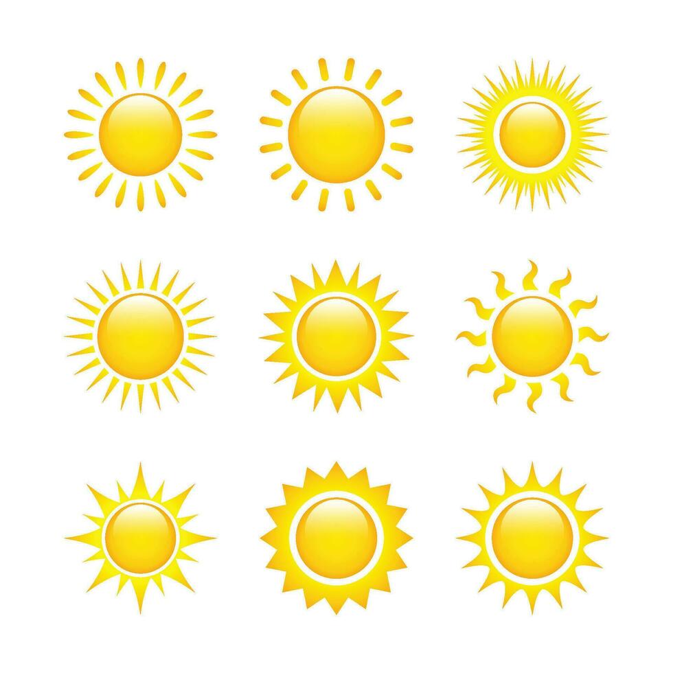Sol ikon uppsättning. gul Sol stjärna ikoner samling. sommar, solljus, natur, himmel. vektor illustration