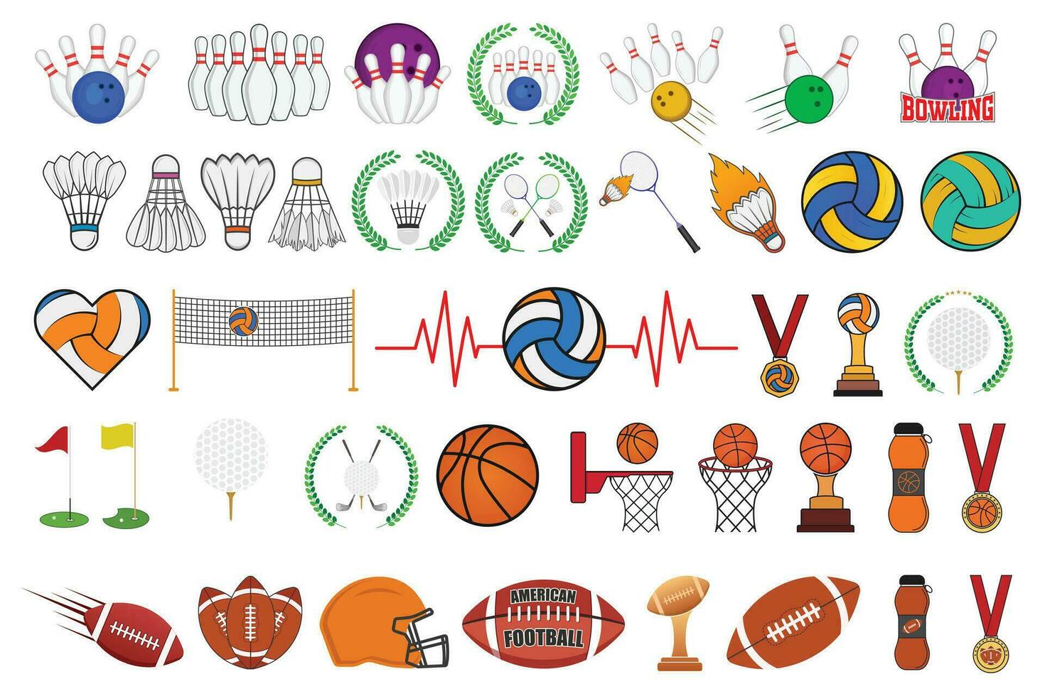 Sport Vektor bündeln, Spiel Vektor, Sport und Gesundheit, Basketball Vektor, Golf Illustration, Volleyball Silhouette, Vektor Badminton, Badminton Ball, amerikanisch Fußball Clip Art, Rugby bunt Vektor