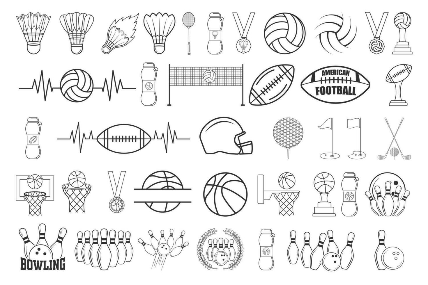sporter vektor bunt, spel vektor, sporter och hälsa, basketboll vektor, golf illustration, volleyboll silhuett, vektor badminton, badminton boll, amerikan fotboll ClipArt, rugby färgrik vektor
