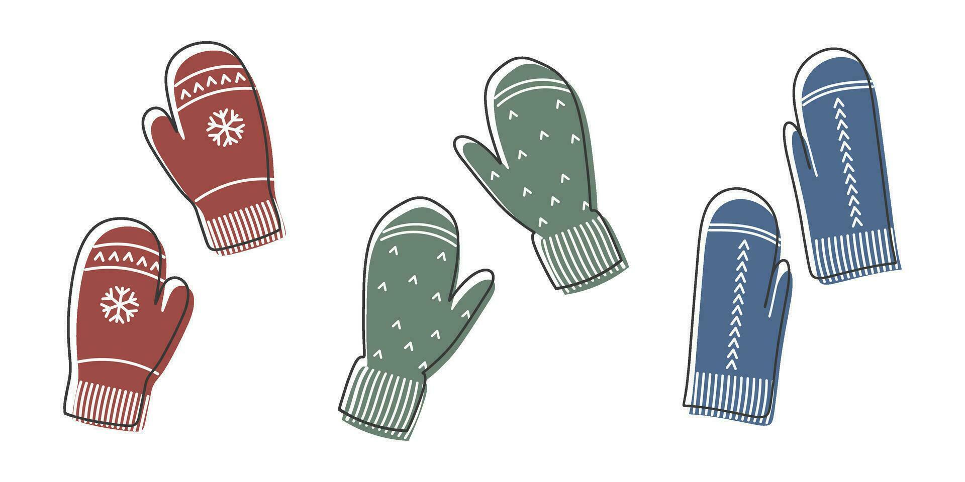 Webhandschuhe einstellen Hand gezeichnet warm Winter Kleidung. Linie Vektor Illustration Outfit
