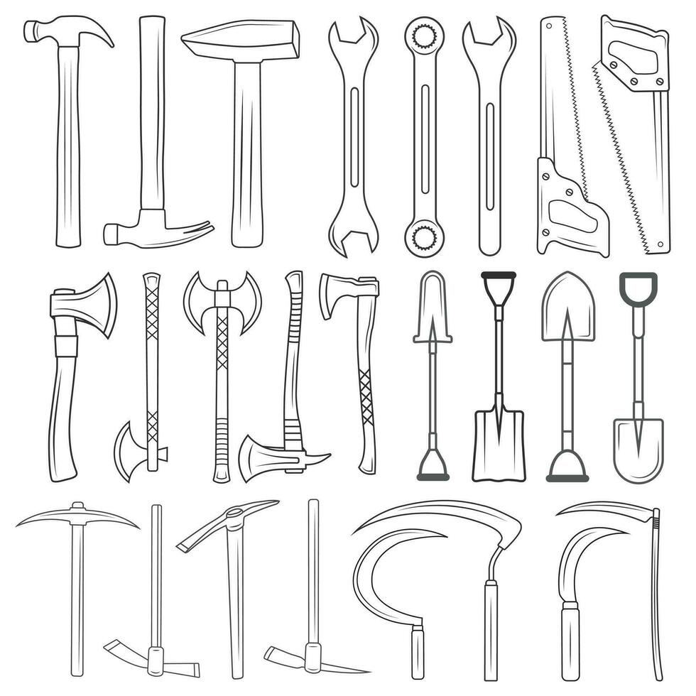 Schlüssel Vektor bündeln, Schlüssel Silhouette bündeln, Hammer bündeln, Axt, wählen Axt, sah Illustration bündeln, Schaufel, Sichel Mechaniker Werkzeug, Arbeiter Elemente, Arbeit Ausrüstung, Schlüssel Linie Kunst