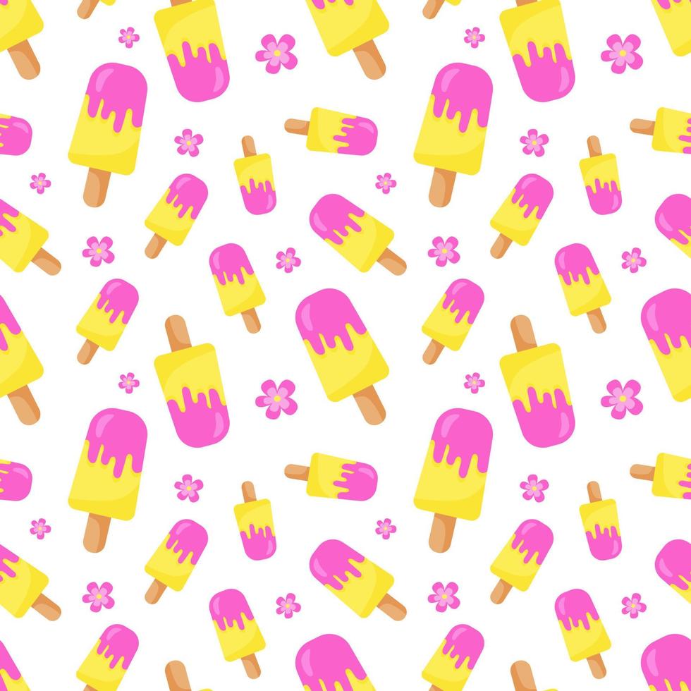 lustiges nahtloses Muster mit bunten Eiscremes auf Stiel. gelbe, rosa und weiße Farben. positive Sommerstimmung. endloses Design. Druck für Textilien, Kleidung, Geschenkpapier, Karten, Design und Dekor vektor