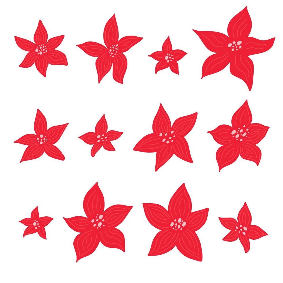 julstjärna - julstjärna - blomma vektorsamling i enkel handritad stil isolerad på vit bakgrund. ClipArt, element för vinterfestlig design, blommig krans, inbjudan, affisch vektor