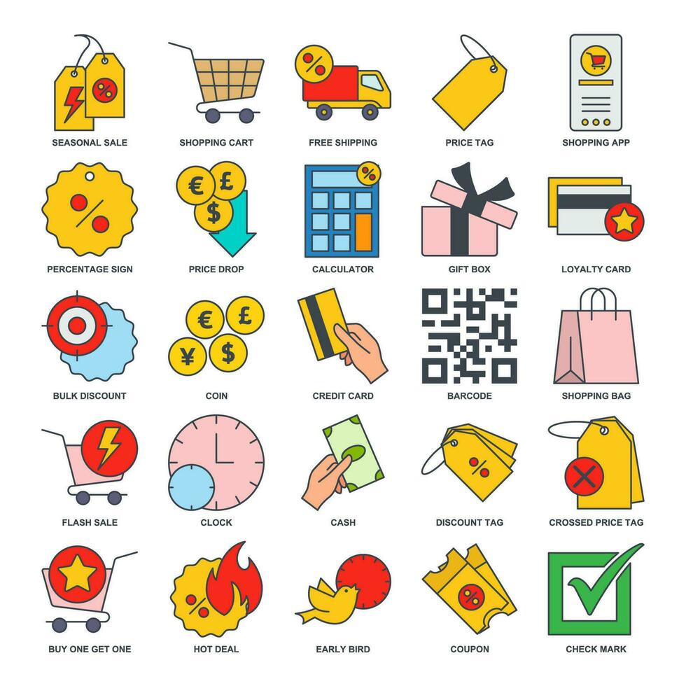 rabatt ikon uppsättning, inkluderad ikoner som pris märka, tidigt fågel, handla väska, kreditera kort och Mer symboler samling, logotyp isolerat vektor illustration