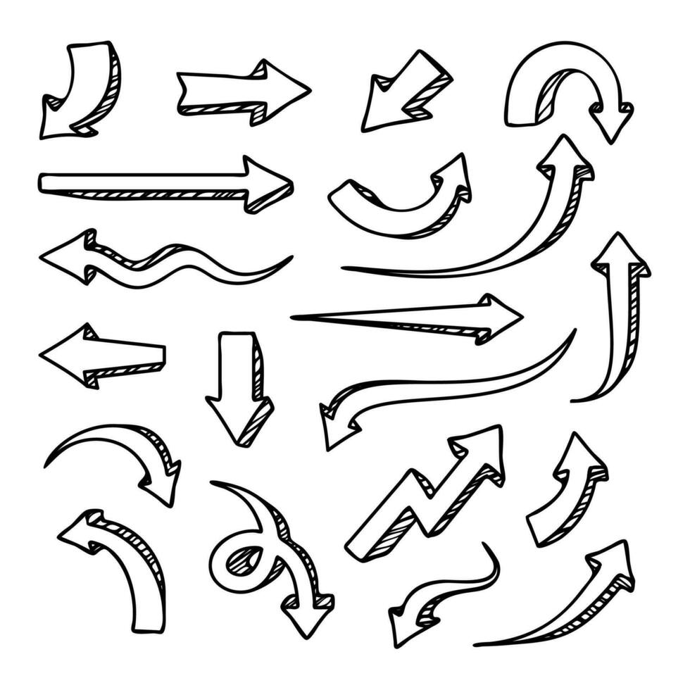 uppsättning av olika hand dragen pil vektor element, pil klotter skiss samling