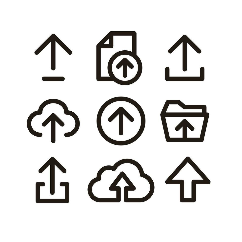 uppsättning av enkel platt ladda upp ikon illustration design, silhuett ladda upp symbol samling med skisse stil mall vektor
