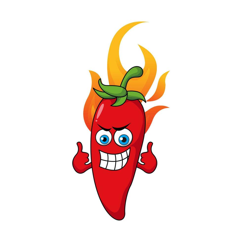 söt röd varm leende chili tecknad serie tecken illustration design, chili peppar maskot med två tummen upp i brand mall vektor