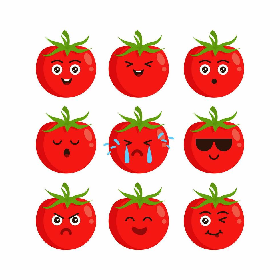 süß eben rot Tomate Charakter einstellen Illustration Design, Tomate Karikatur Emoji Zeichen Vorlage Vektor